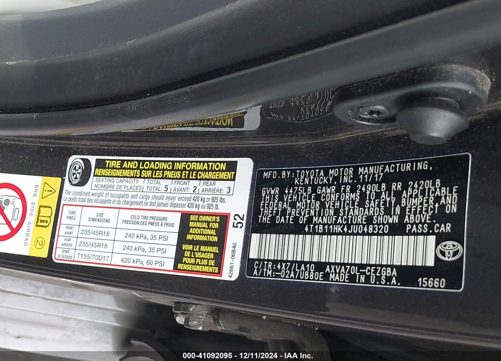 2018 TOYOTA CAMRY XLE VIN: 4T1B11HK4JU048320