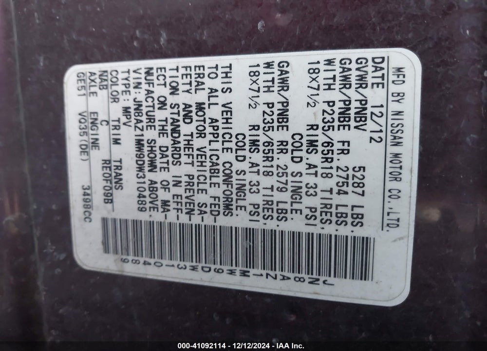 2013 NISSAN MURANO SV VIN: JN8AZ1MW9DW310489