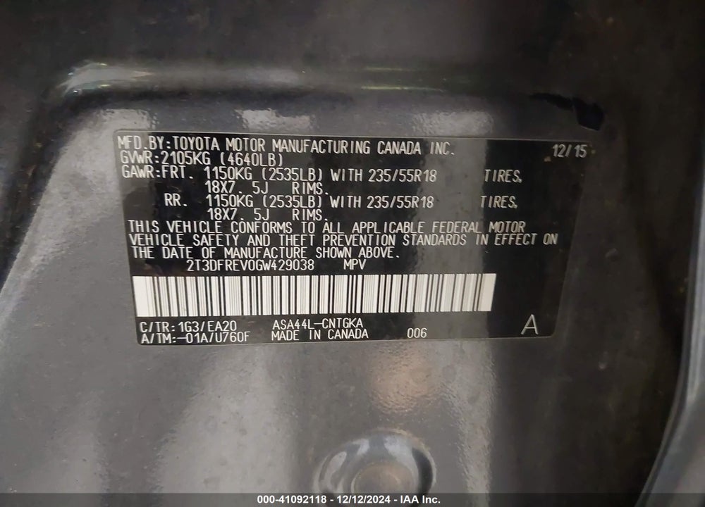 2016 TOYOTA RAV4 LIMITED VIN: 2T3DFREV0GW429038