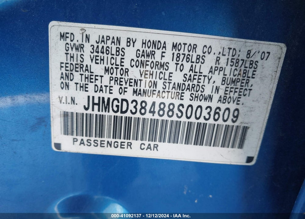 2008 HONDA FIT VIN: JHMGD38488S003609