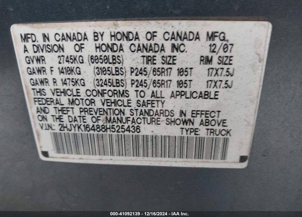 2008 HONDA RIDGELINE RTS VIN: 2HJYK16488H525436