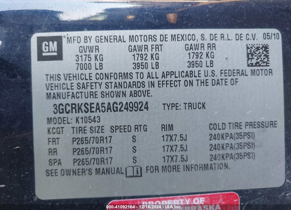 2010 CHEVROLET SILVERADO 1500 LT VIN: 3GCRKSEA5AG249924
