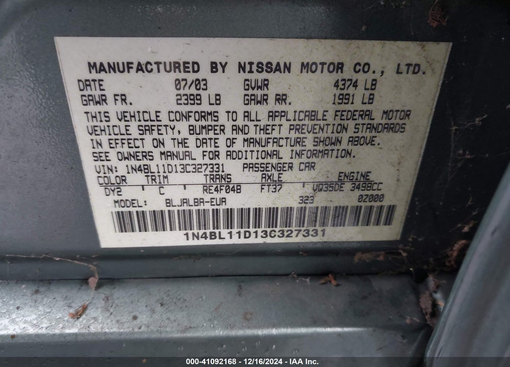 2003 NISSAN ALTIMA 3.5 SE VIN: 1N4BL11D13C327331