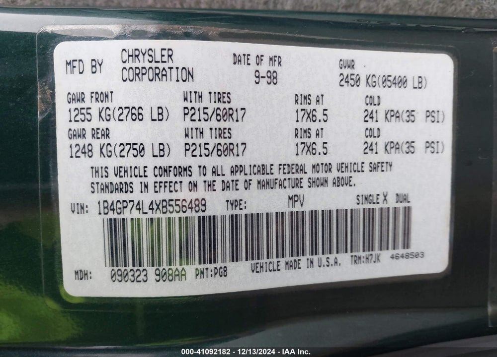 1999 DODGE GRAND CARAVAN ES VIN: 1B4GP74L4XB556489