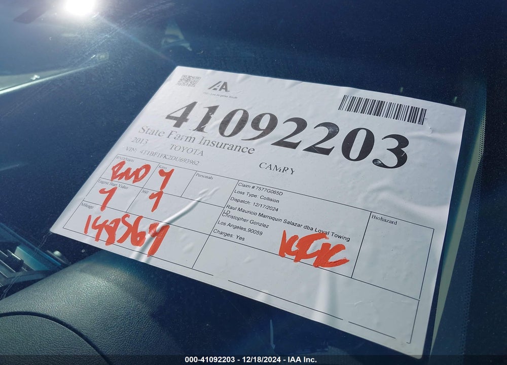 2013 TOYOTA CAMRY SE VIN: 4T1BF1FK2DU693962