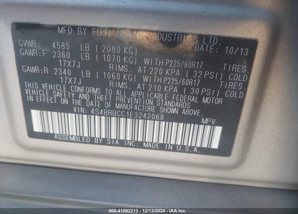 2014 SUBARU OUTBACK 2.5I PREMIUM VIN: 4S4BRBCC1E3242068