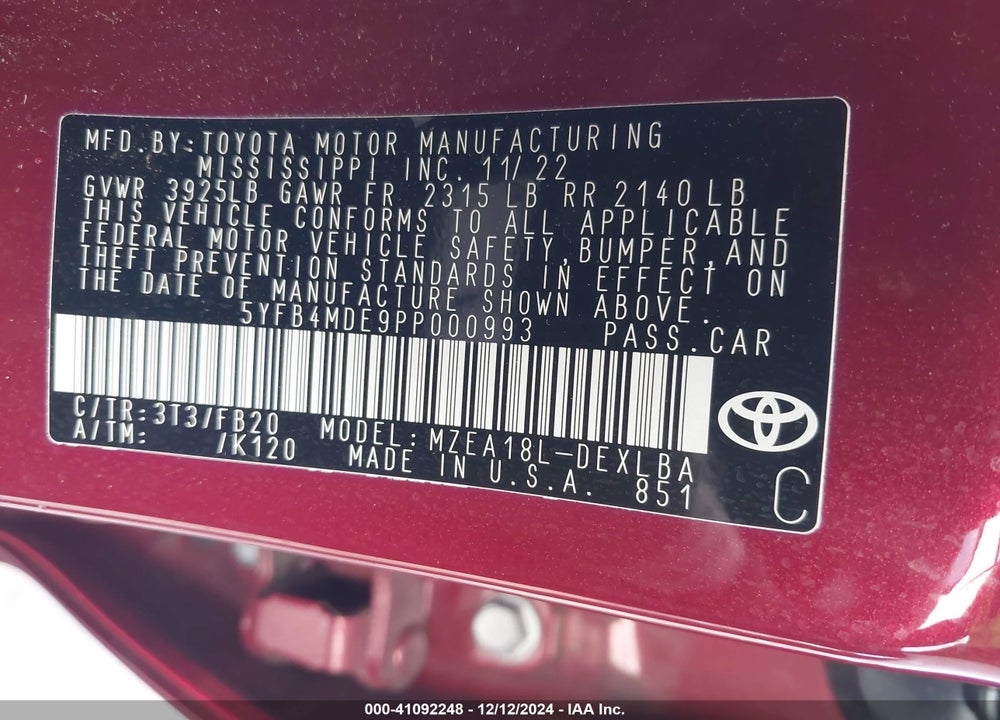 2023 TOYOTA COROLLA LE VIN: 5YFB4MDE9PP000993