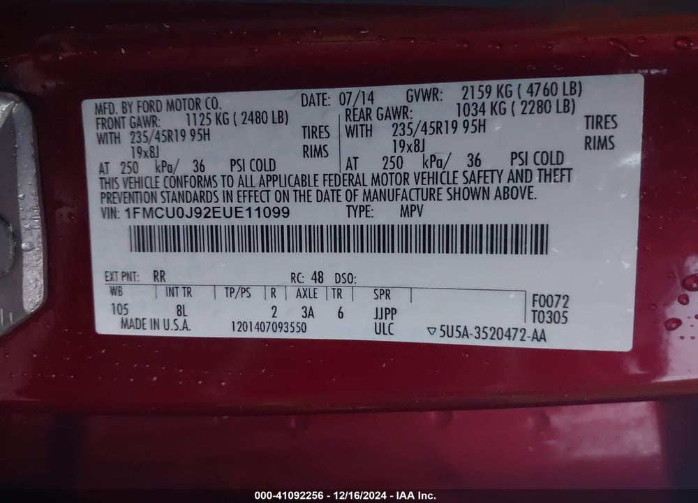 2014 FORD ESCAPE TITANIUM VIN: 1FMCU0J92EUE11099