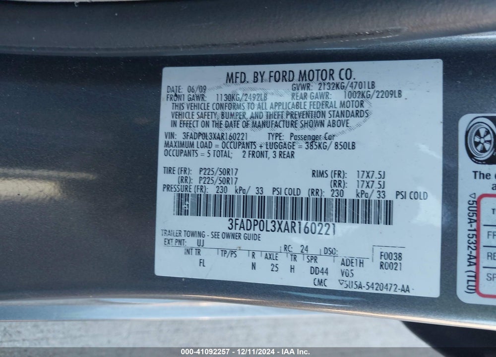 2010 FORD FUSION HYBRID VIN: 3FADP0L3XAR160221