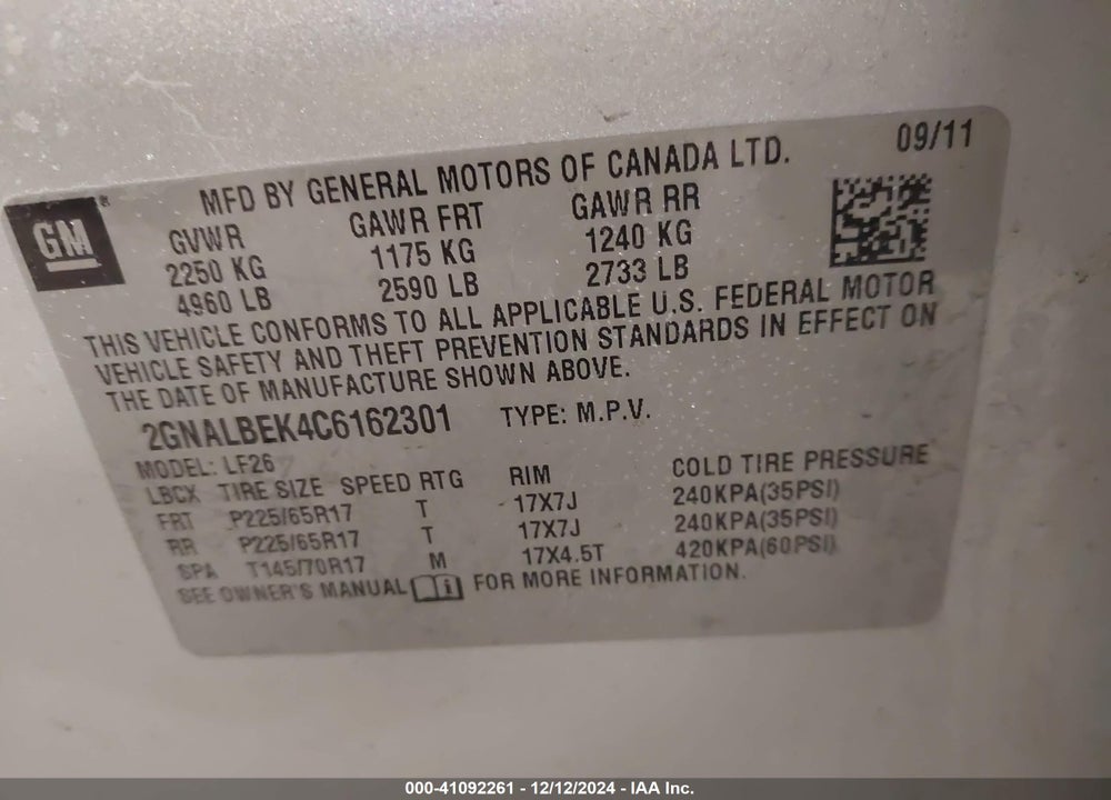 2012 CHEVROLET EQUINOX LS VIN: 2GNALBEK4C6162301