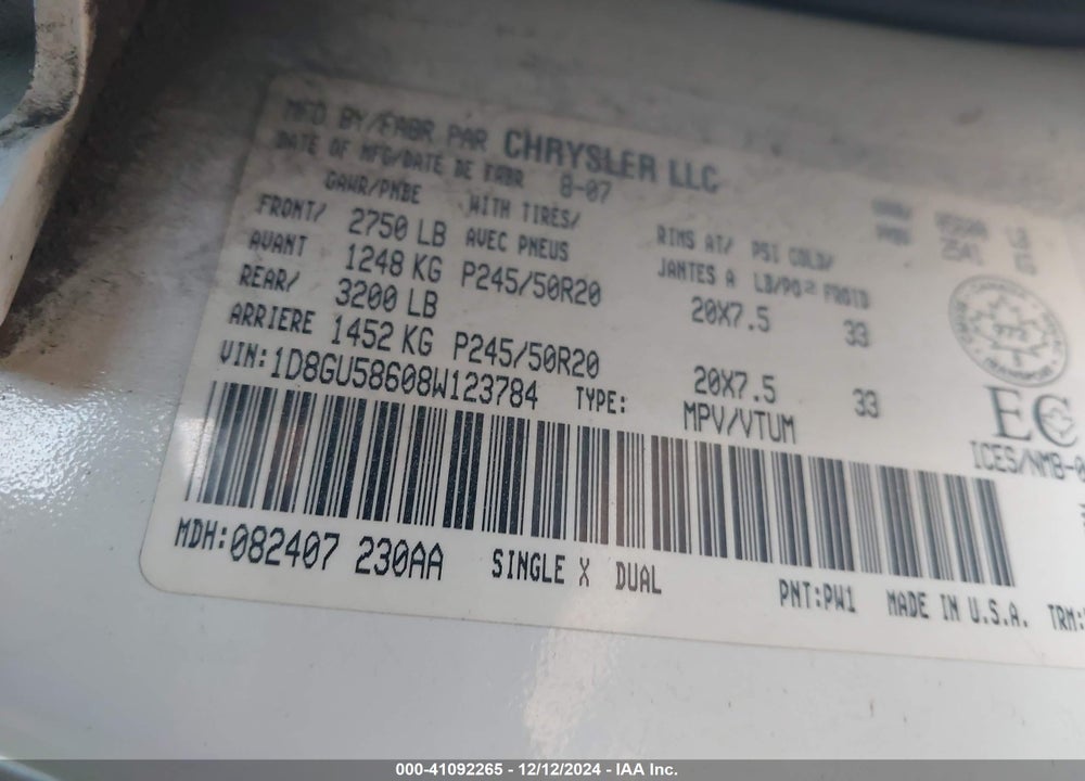 2008 DODGE NITRO SLT/RT VIN: 1D8GU58608W123784