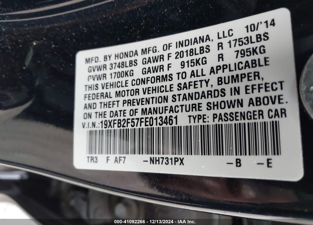 2015 HONDA CIVIC LX VIN: 19XFB2F57FE013461