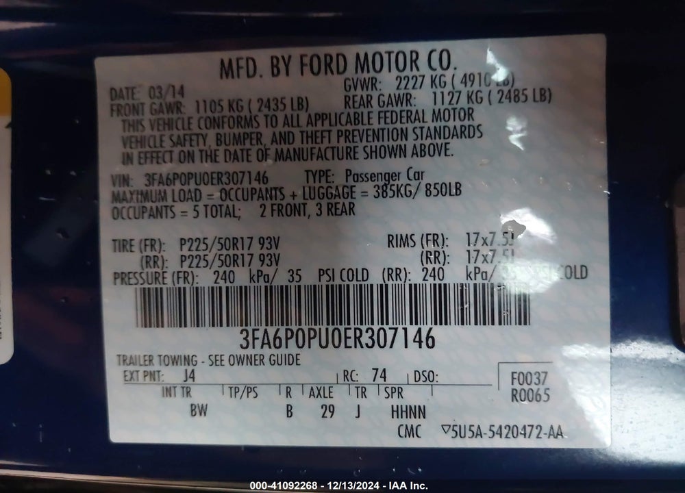 2014 FORD FUSION ENERGI SE LUXURY VIN: 3FA6P0PU0ER307146