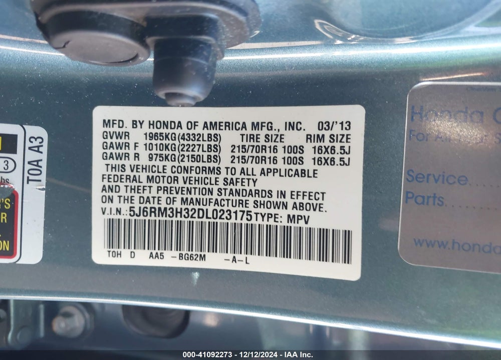2013 HONDA CR-V LX VIN: 5J6RM3H32DL023175