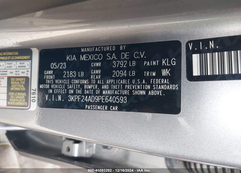 2023 KIA FORTE VIN: 3KPF24AD9PE640593