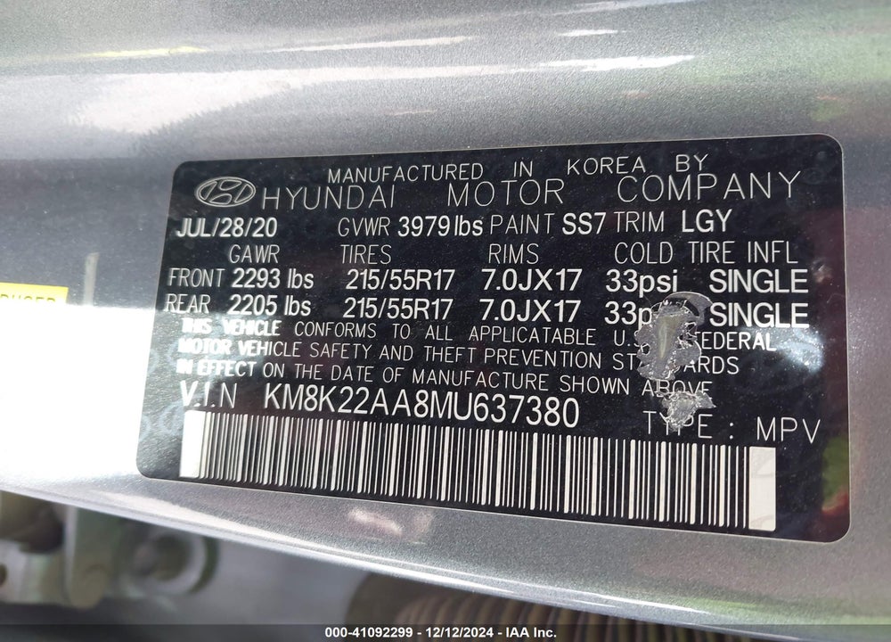 2021 HYUNDAI KONA SEL VIN: KM8K22AA8MU637380