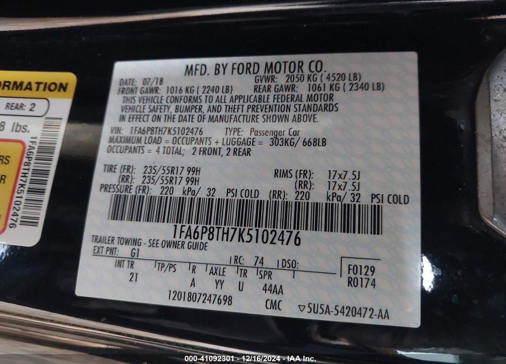 2019 FORD MUSTANG ECOBOOST VIN: 1FA6P8TH7K5102476