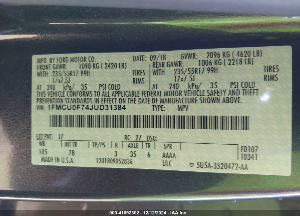 2018 FORD ESCAPE S VIN: 1FMCU0F74JUD31384