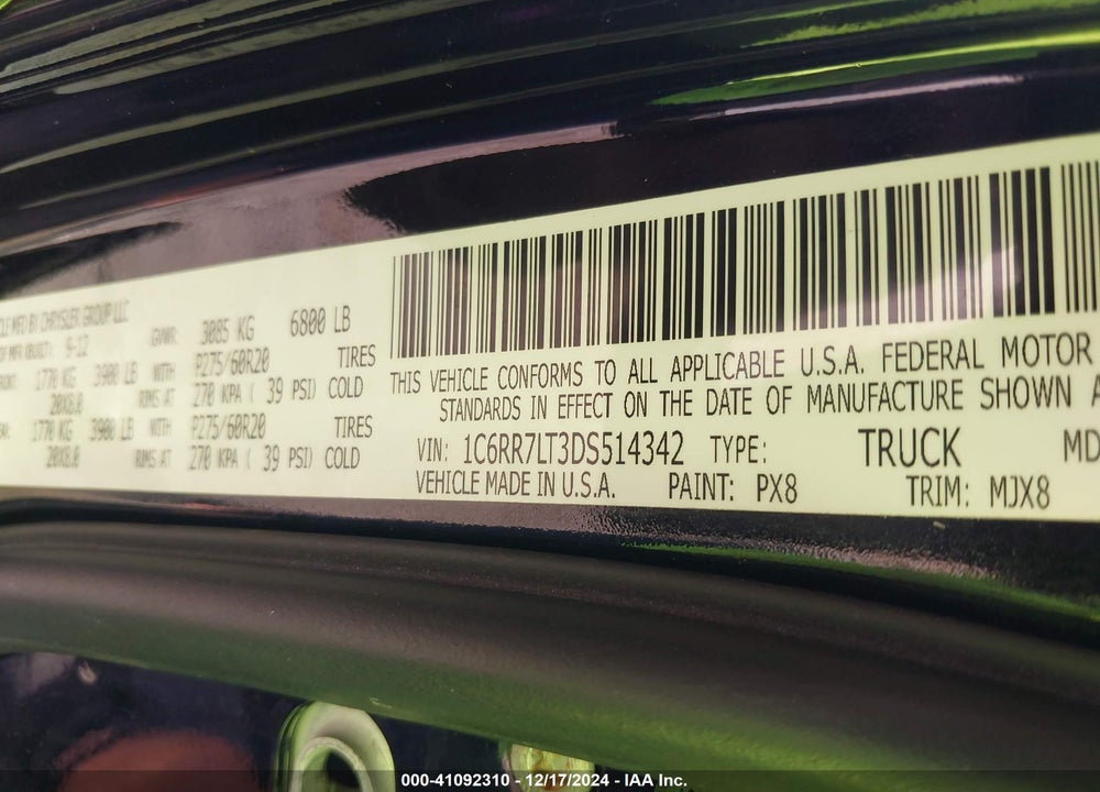 2013 RAM 1500 VIN: 1C6RR7LT3DS514342