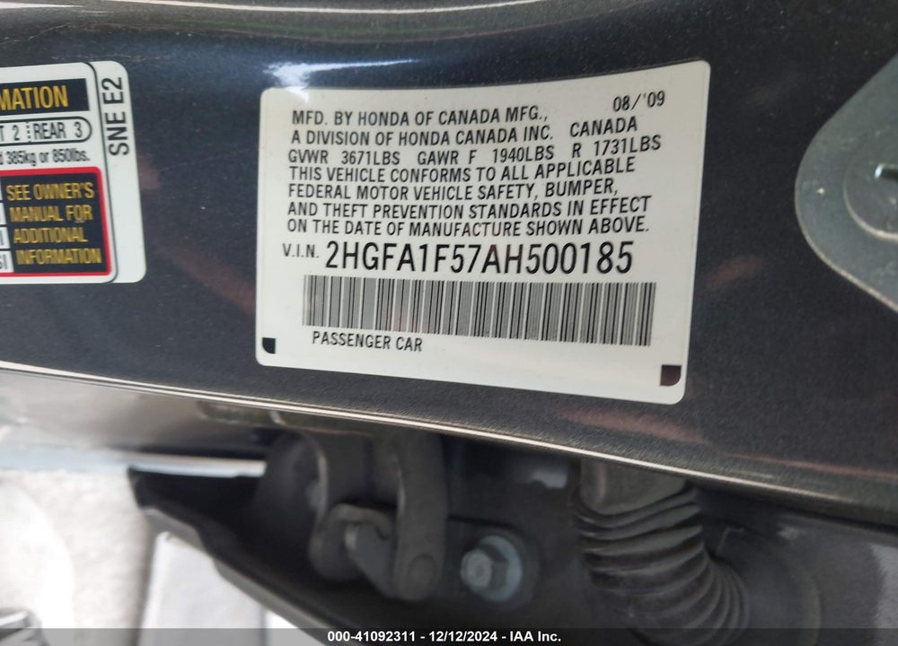 2010 HONDA CIVIC LX VIN: 2HGFA1F57AH500185