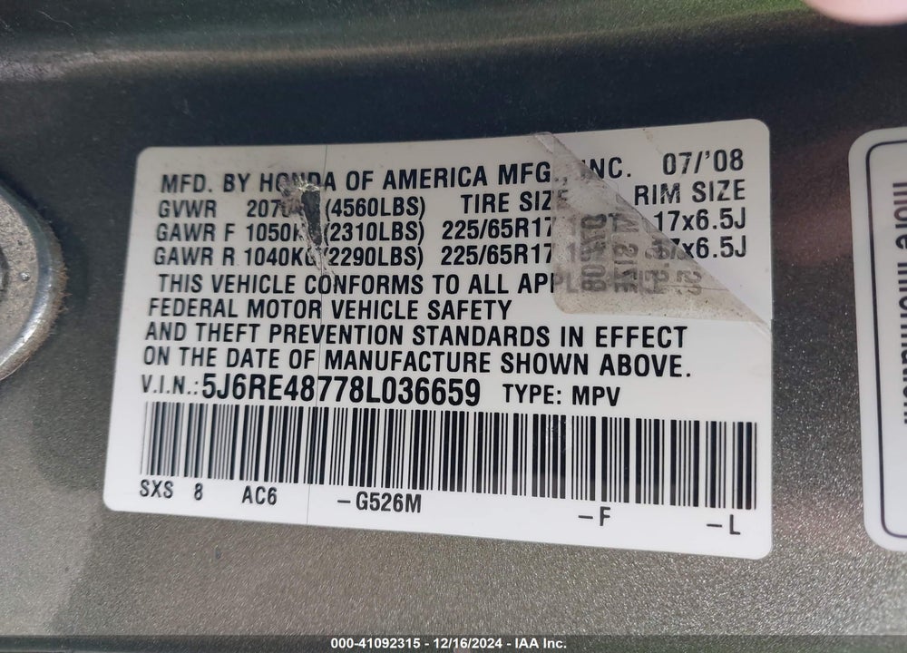 2008 HONDA CR-V EX-L VIN: 5J6RE48778L036659