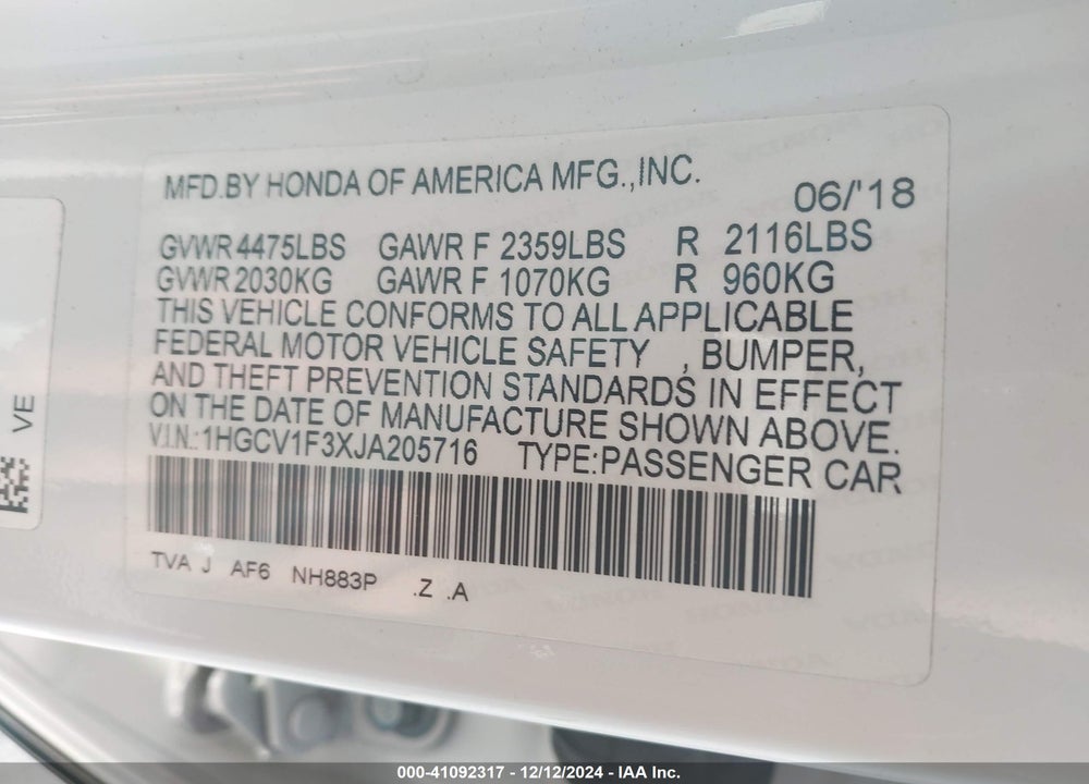 2018 HONDA ACCORD SPORT VIN: 1HGCV1F3XJA205716
