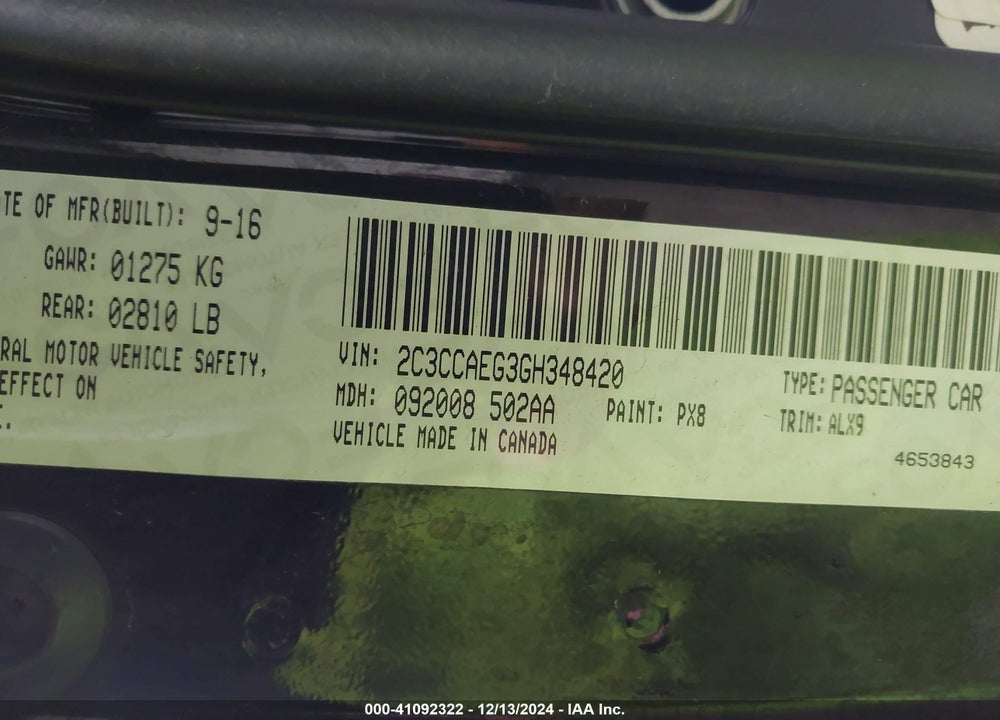 2016 CHRYSLER 300C VIN: 2C3CCAEG3GH348420