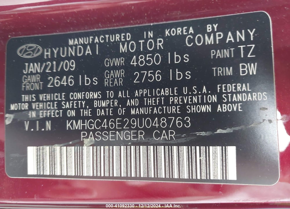 2009 HYUNDAI GENESIS 3.8 VIN: KMHGC46E29U048763