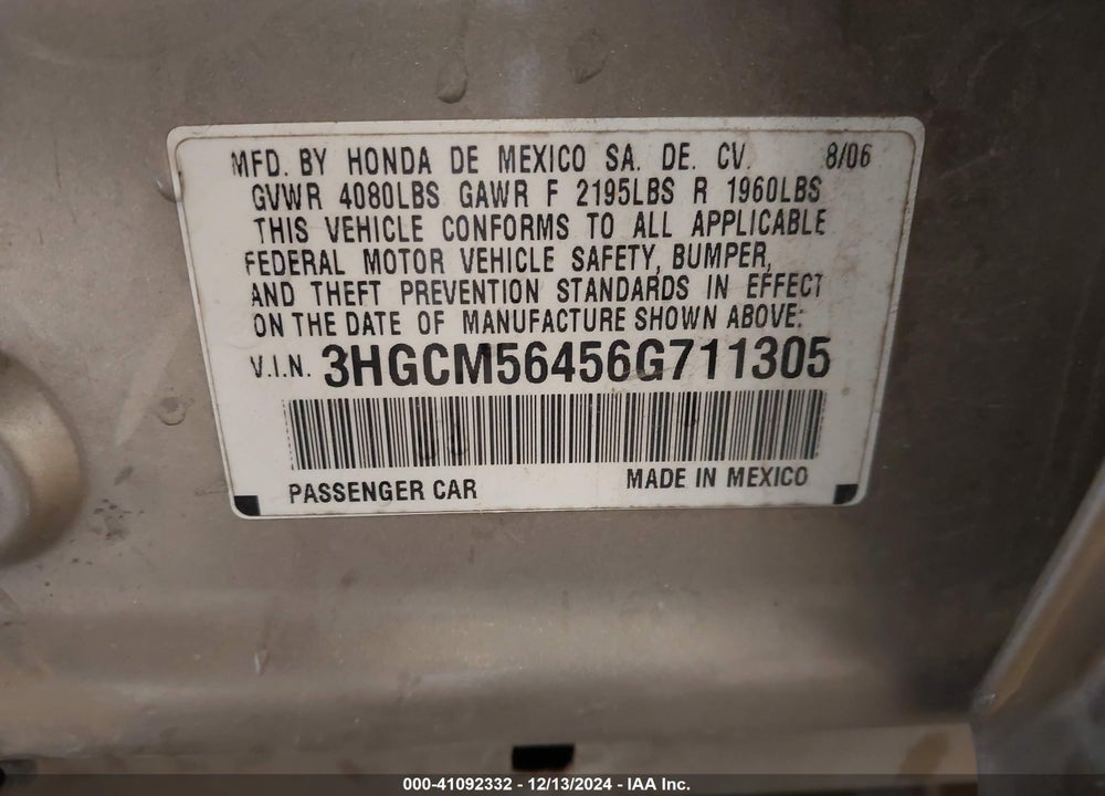2006 HONDA ACCORD VIN: 3HGCM56456G711305