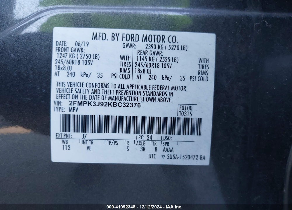 2019 FORD EDGE SEL VIN: 2FMPK3J92KBC32376