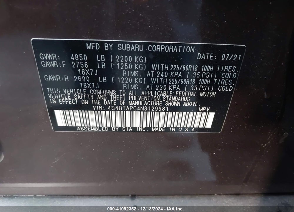 2022 SUBARU OUTBACK TOURING VIN: 4S4BTAPC4N3129981