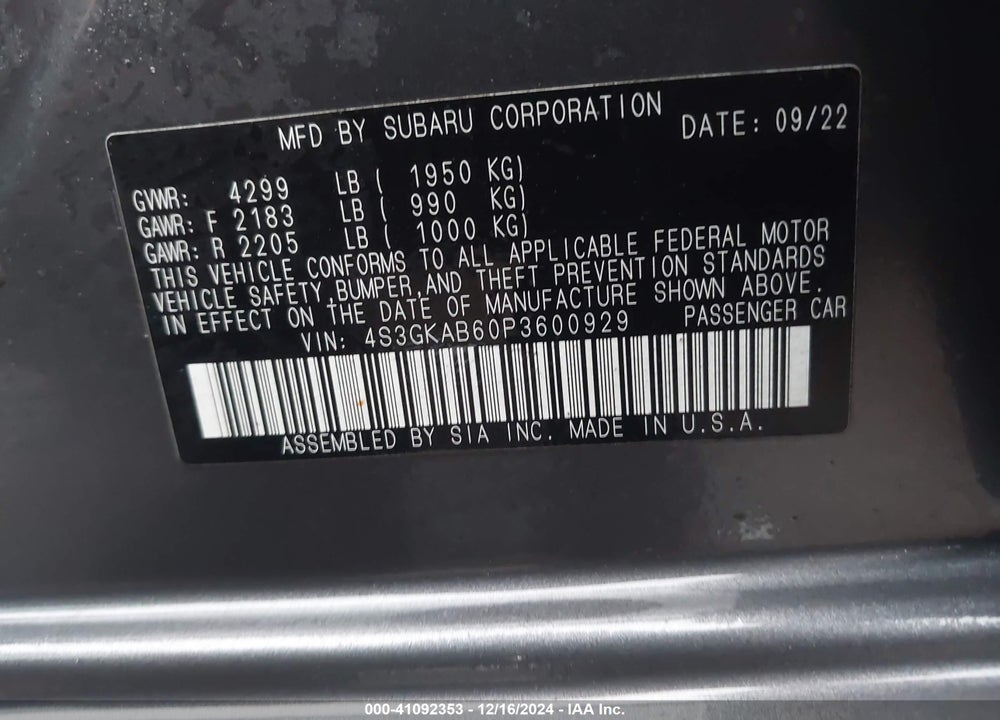 2023 SUBARU IMPREZA VIN: 4S3GKAB60P3600929