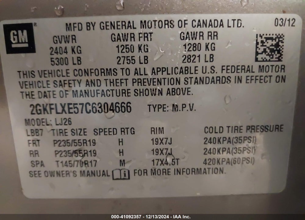 2012 GMC TERRAIN SLT-2 VIN: 2GKFLXE57C6304666