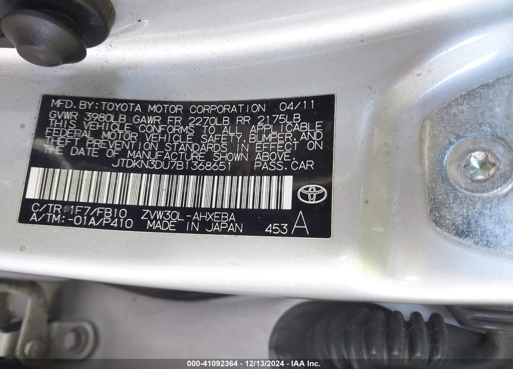 2011 TOYOTA PRIUS TWO VIN: JTDKN3DU7B1368651