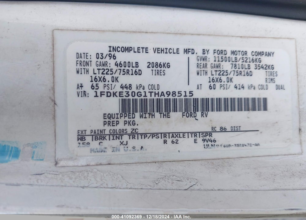 1996 JAYCO FORD ECONOLINE  MOTOR HOME E350 CUTAWAY VAN VIN: 1FDKE30G1THA98515