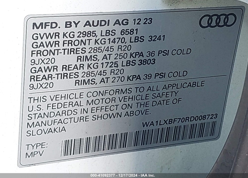 2024 AUDI Q7 PREMIUM PLUS 55 TFSI QUATTRO TIPTRONIC VIN: WA1LXBF70RD008723