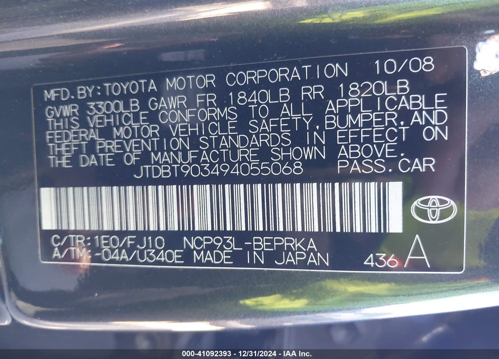 2009 TOYOTA YARIS VIN: JTDBT903494055068