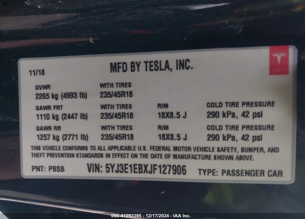 2018 TESLA MODEL 3 LONG RANGE/PERFORMANCE VIN: 5YJ3E1EBXJF127906