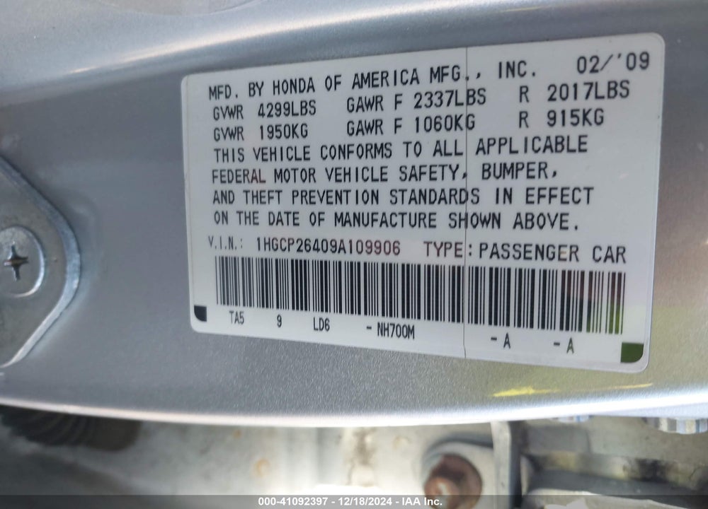 2009 HONDA ACCORD 2.4 LX-P VIN: 1HGCP26409A109906
