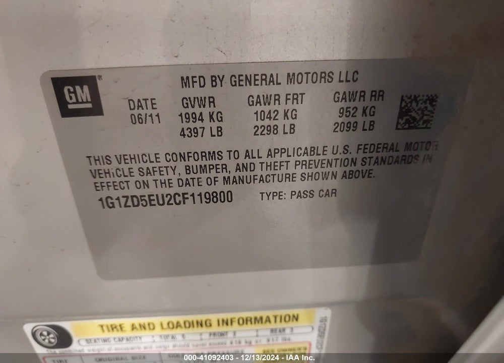 2012 CHEVROLET MALIBU VIN: 1G1ZD5EU2CF119800