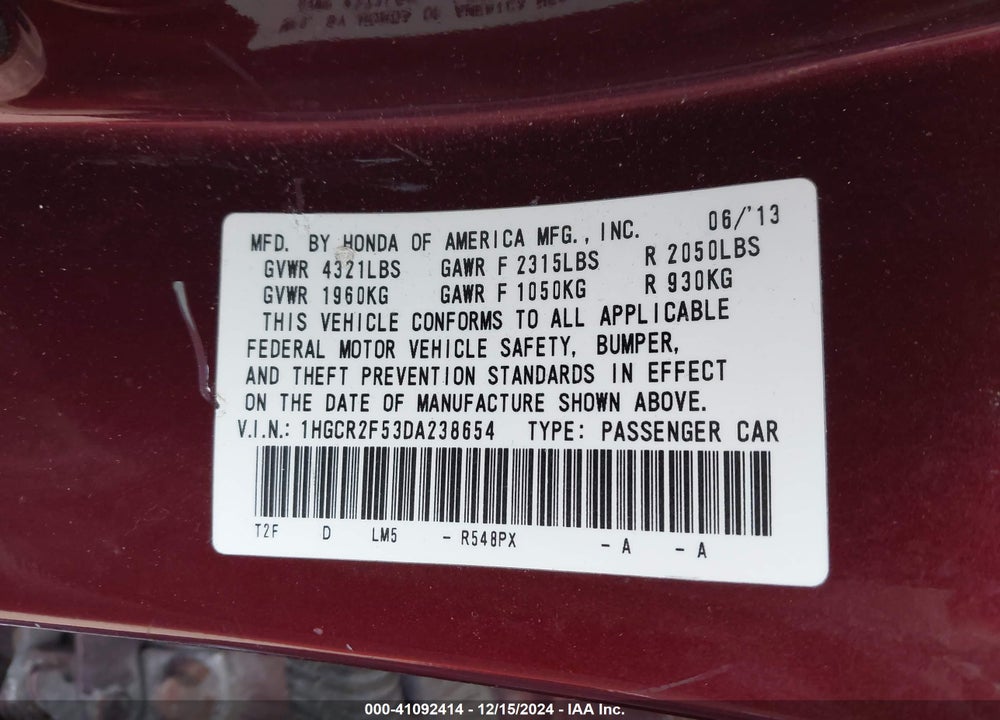 2013 HONDA ACCORD SPORT VIN: 1HGCR2F53DA238654