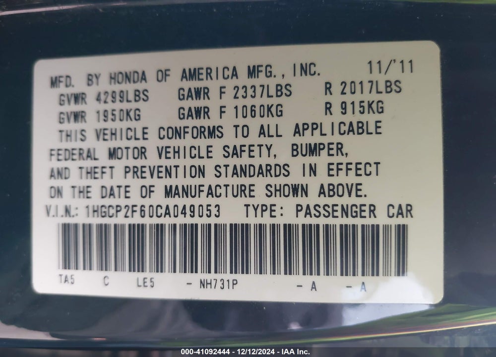 2012 HONDA ACCORD 2.4 SE VIN: 1HGCP2F60CA049053