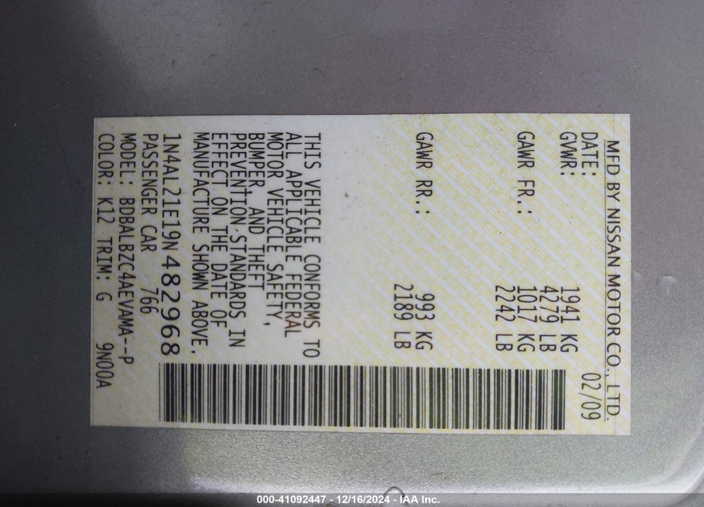 2009 NISSAN ALTIMA 2.5 S VIN: 1N4AL21E19N482968
