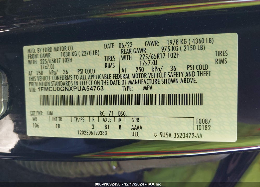 2023 FORD ESCAPE ACTIVE VIN: 1FMCU0GNXPUA54763
