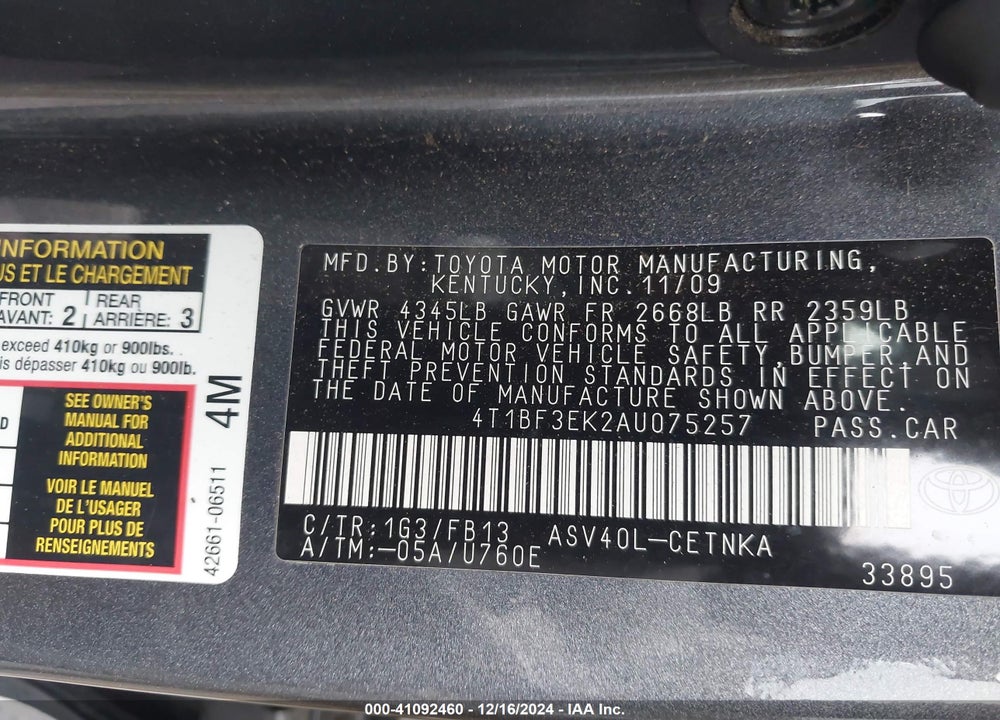 2010 TOYOTA CAMRY LE VIN: 4T1BF3EK2AU075257