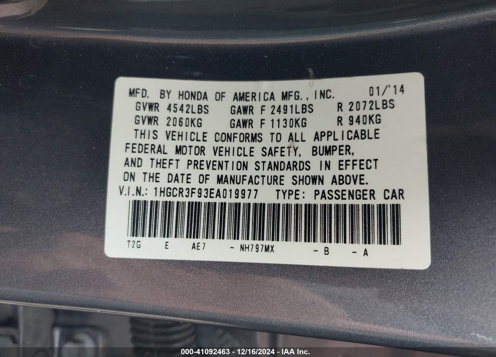 2014 HONDA ACCORD VIN: 1HGCR3F93EA019977