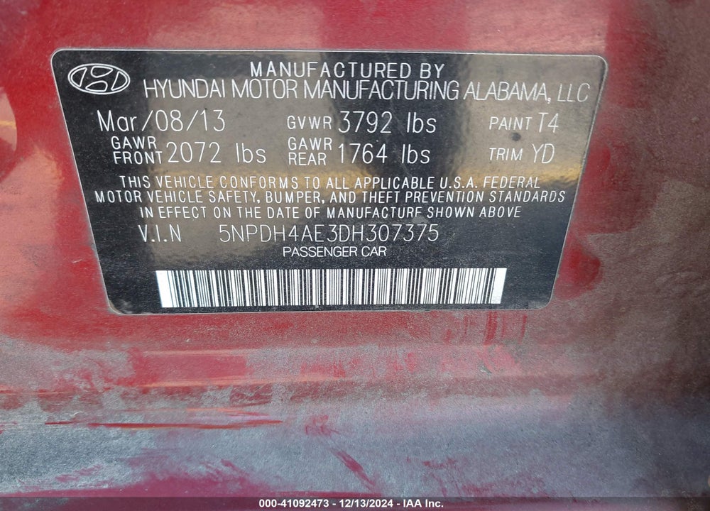 2013 HYUNDAI ELANTRA VIN: 5NPDH4AE3DH307375