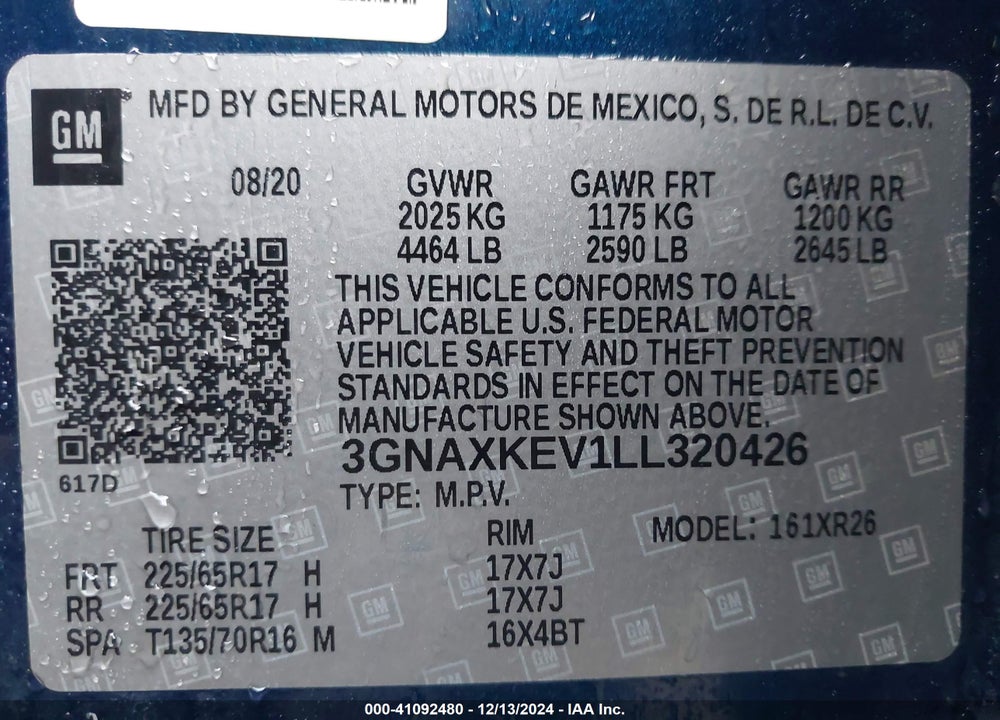 2020 CHEVROLET EQUINOX FWD LT 1.5L TURBO VIN: 3GNAXKEV1LL320426