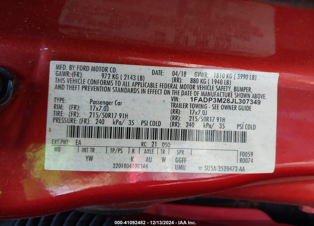 2018 FORD FOCUS VIN: 1FADP3M28JL307349