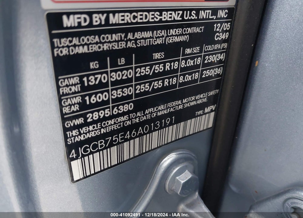 2006 MERCEDES-BENZ R 500 VIN: 4JGCB75E46A013191